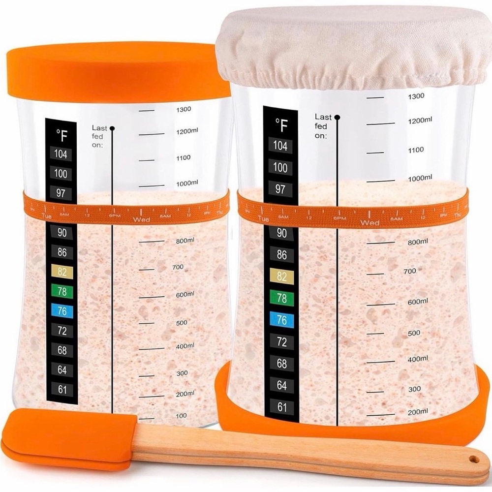 50 OZ Sourdough Starter Jar with Thermometer, Scraper, Cloth Cover and Lid.